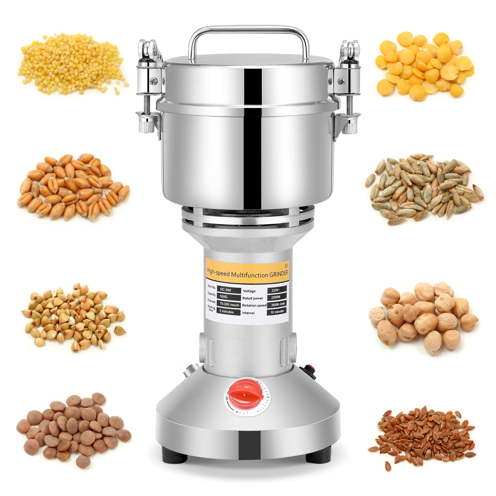 Moulin Électrique 60L Professionnel – 1300W, 5 Tamis Interchangeables, Idéal Pour Céréales, Maïs, Épices Et Café