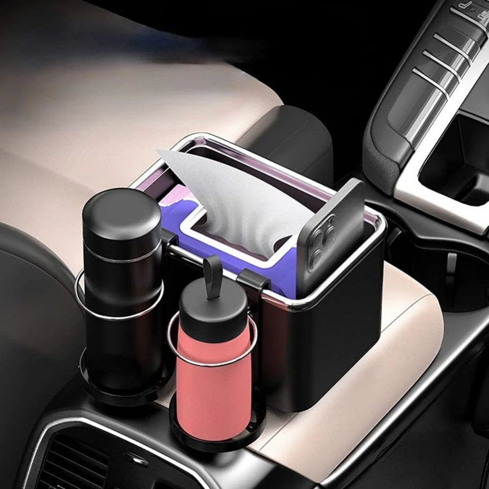 Boîte Rangement Accoudoir Voiture Avec Porte-Gobelets Pliables - Organisateur Console Universel Noir - Stockage Mouchoirs, Téléphone, Tasses