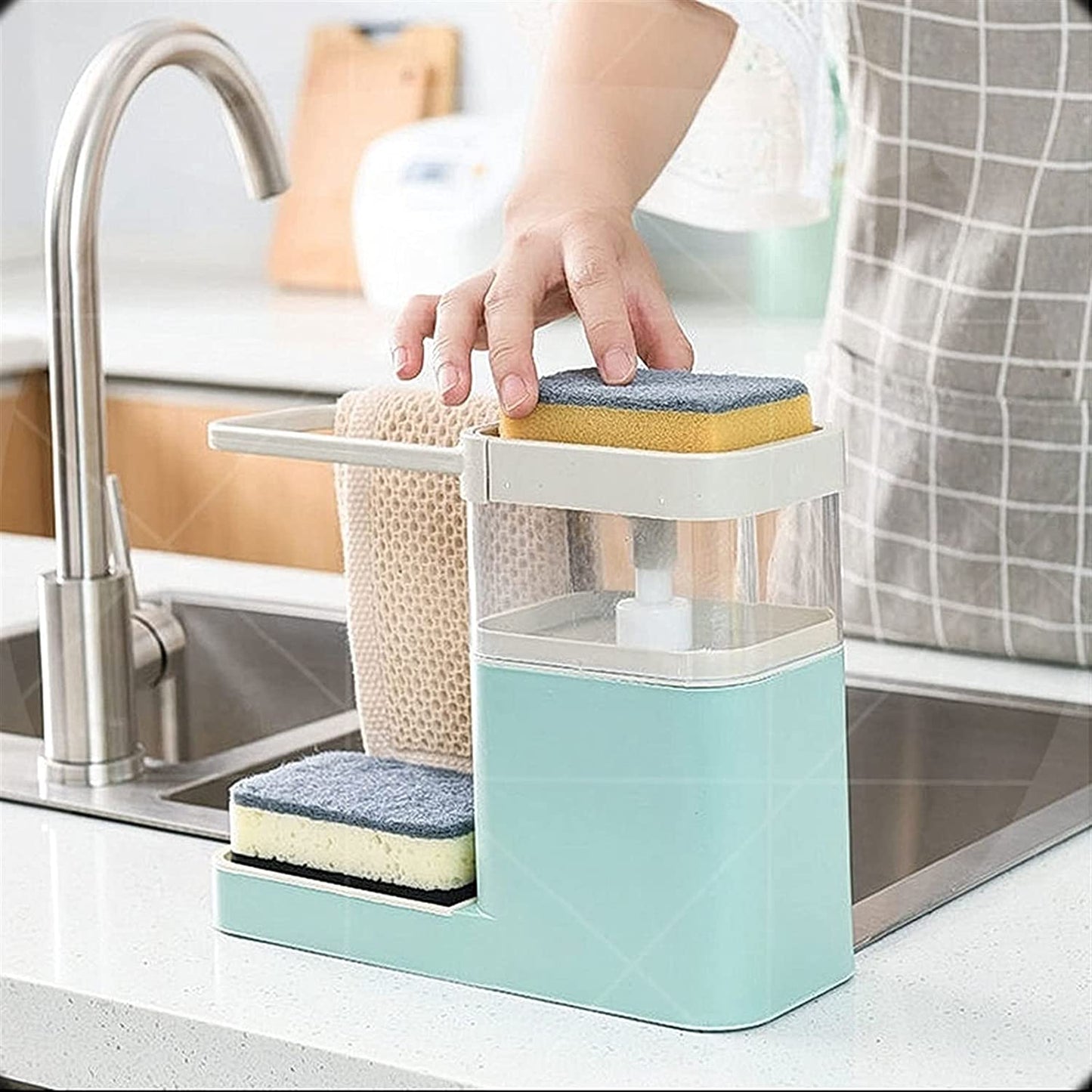 Distributeur de savon 2 en 1 avec vaisselle et porte-serviettes - X10 Maroc - Livraison gratuite - Bleu clair