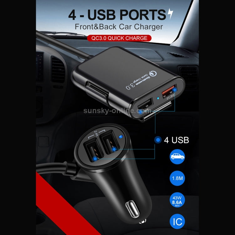 Chargeur de voiture USB 1,8 m 8A Max 4 ports avec concentrateur USB extensible pour le chargement des sièges avant et arrière (noir) - X10 Maroc - Livraison gratuite -