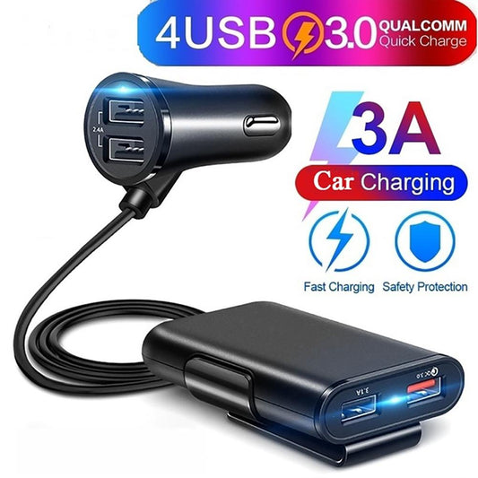 Chargeur de voiture USB 1,8 m 8A Max 4 ports avec concentrateur USB extensible pour le chargement des sièges avant et arrière (noir) - X10 Maroc - Livraison gratuite -