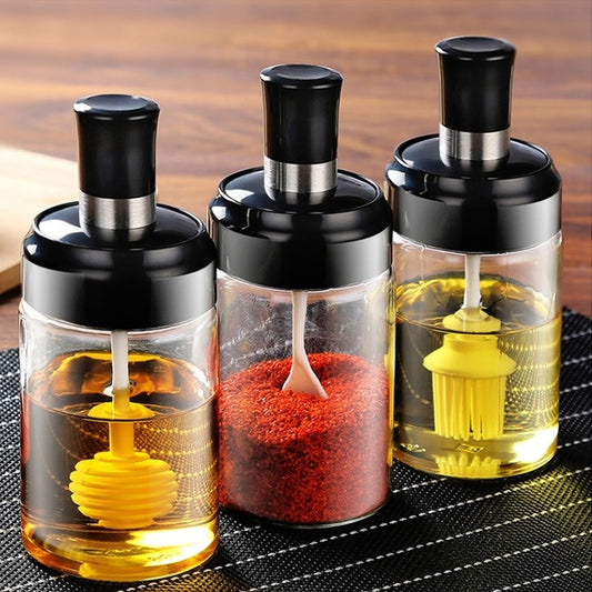 3 pièces en verre pour épices, huile et miel