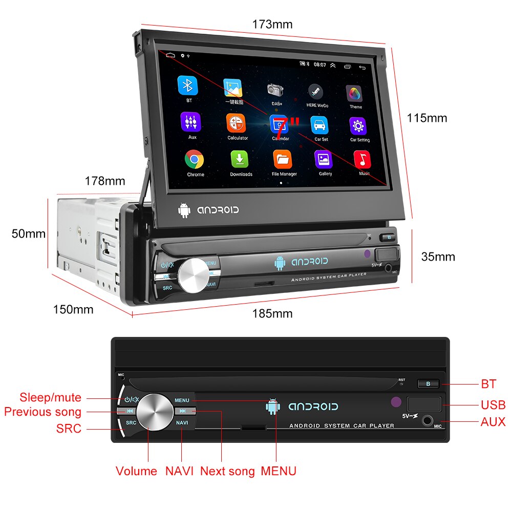 1 Din Android 10 Car Radio Autoradio 7" Retractable Touch Screen GPS Wifi BT FM RDS AUX Stereo Auto Radio - X10 Maroc - Livraison gratuite -